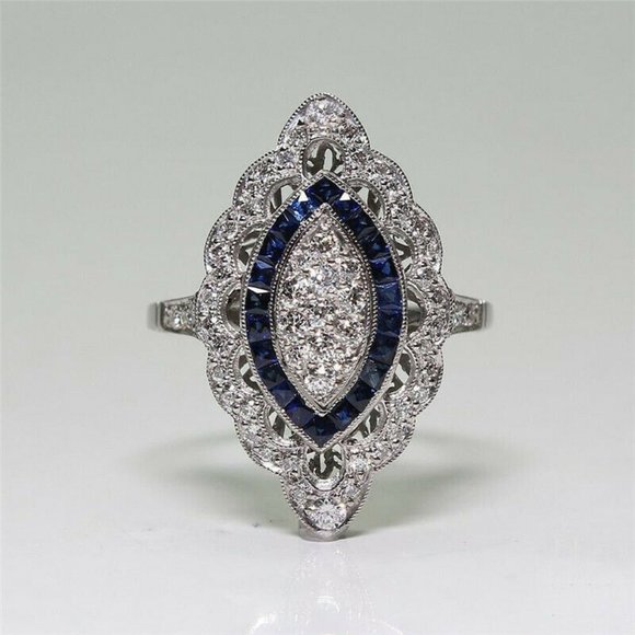 Lirrio's Closet Jewelry - Art Deco Blue & Silver Marquise Ring Size 8 NWT